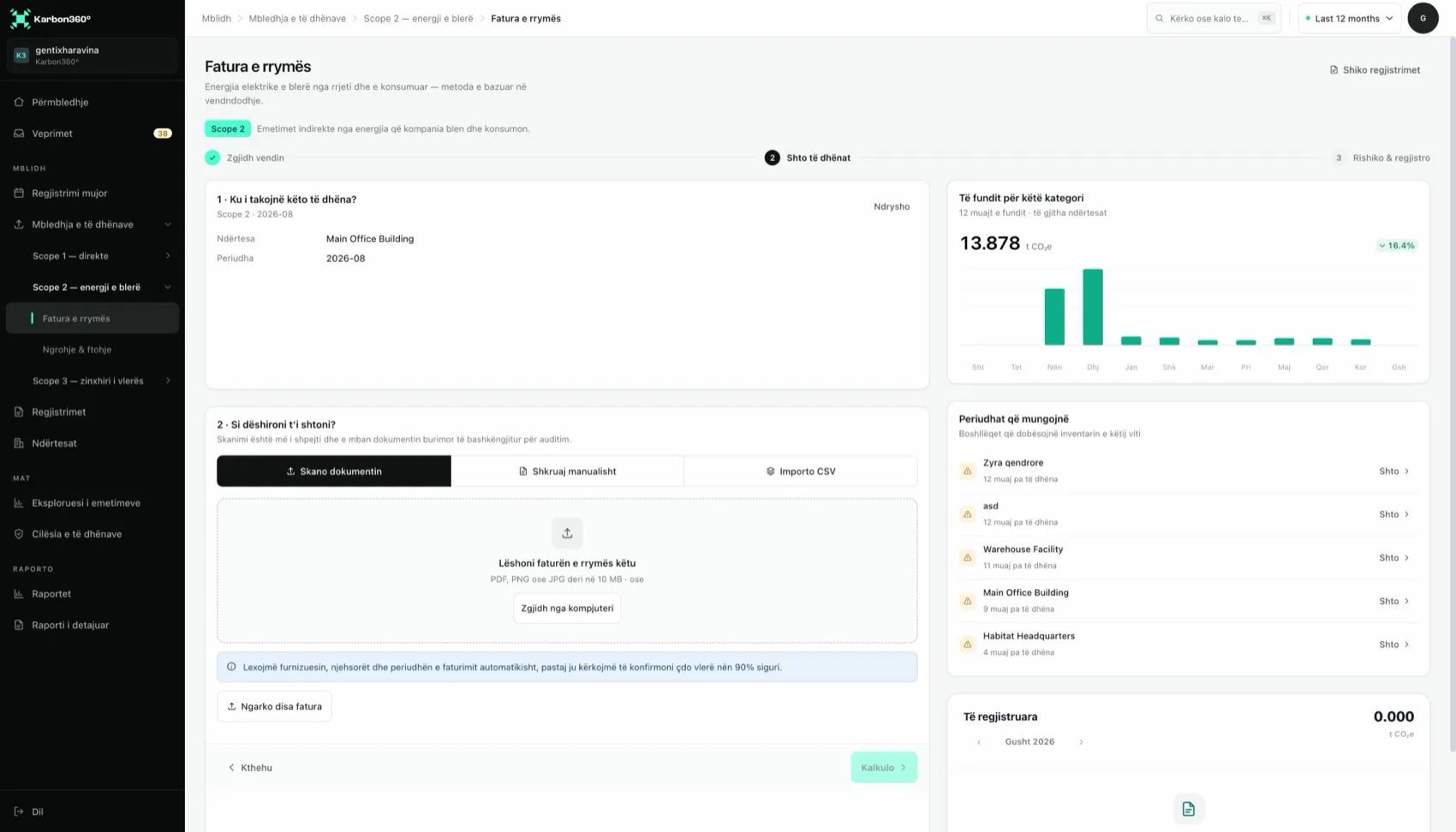 Karbon360 data collection: a three-step wizard with document scan, manual entry and CSV import, plus a panel listing facilities with missing periods